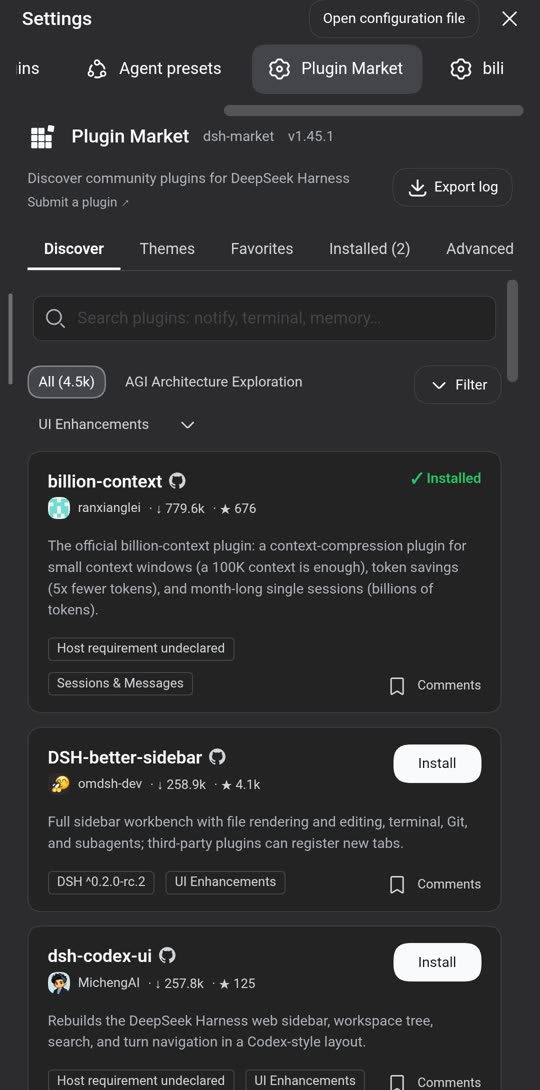 Plugin Market on Android listing billion-context as Installed and DSH-better-sidebar and dsh-codex-ui with Install buttons, with search and filter
